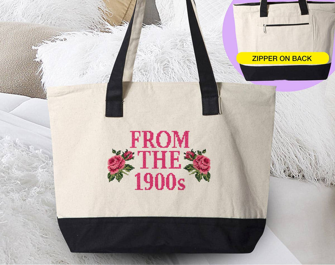 "From The 1900's Floral Roses" design on a natural canvas zippered tote bag