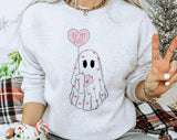 "Be My Boo Ghost Heart Balloon" design on an ash gray unisex crewneck sweatshirt