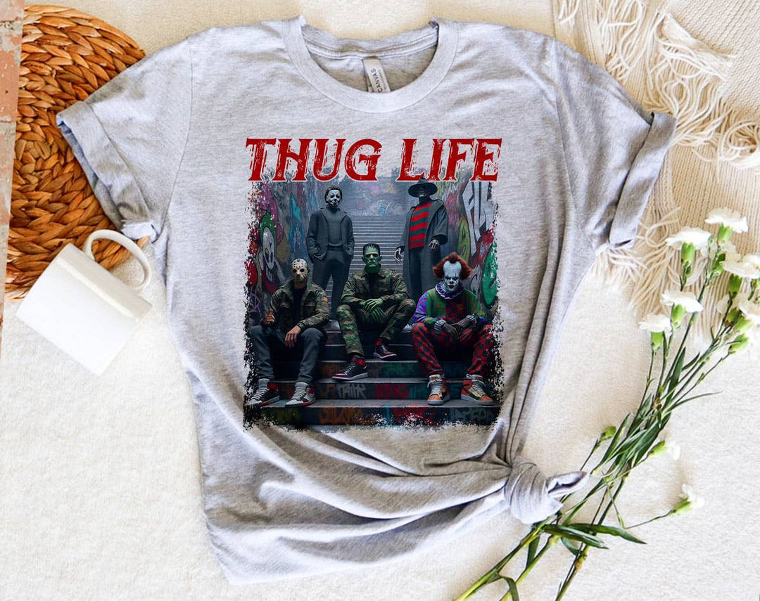 "Thug Life Horror Icons" design on a heather gray unisex t-shirt