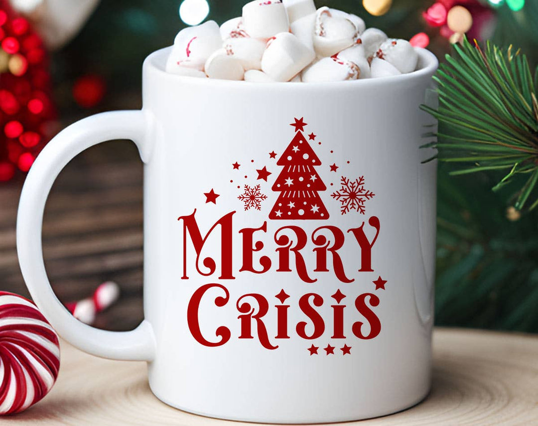 "Merry Crisis" Christmas design on a white coffee mug