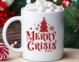"Merry Crisis" Christmas design on a white coffee mug