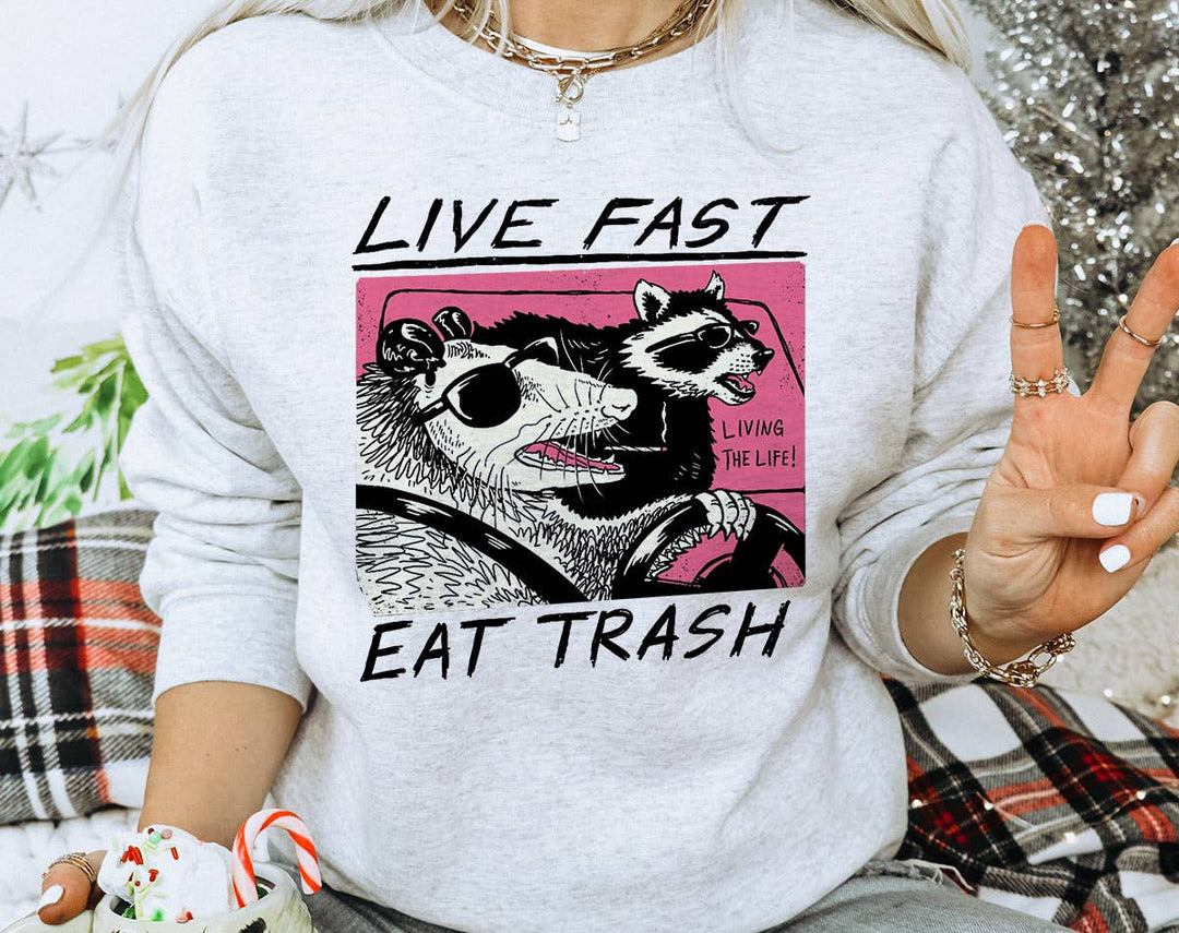 "Live Fast Eat Trash" design on an ash gray unisex crewneck sweatshirt