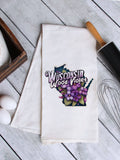 "Wisconsin State Flower Wood Violet" design on a white 28 x 28 inch flour sack tea towel