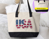 "USA Faux Patchwork" design on a natural canvas zippered tote bag
