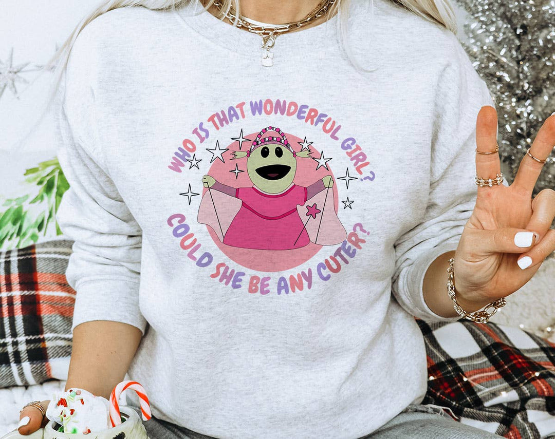 "Who Is That Wonderful Girl" design on an ash gray unisex crewneck sweatshirt