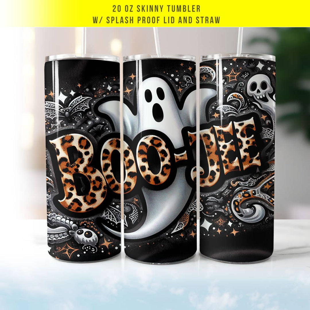 "Boo Jee Ghosts" design on a 20 oz skinny tumbler with lid and straw