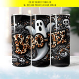 "Boo Jee Ghosts" design on a 20 oz skinny tumbler with lid and straw