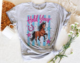 "Hold Your Horses Striped" design on a heather gray unisex t-shirt