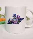 "Tennessee State Flower Iris" design on a white ceramic coffee mug