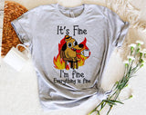"It's Fine Everything Is Fine Dog" design on a heather gray unisex t-shirt