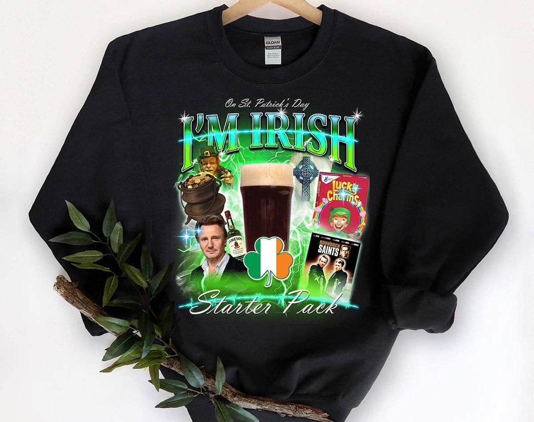 "St Patrick's Day Irish Starter Pack" design on a black unisex crewneck sweatshirt