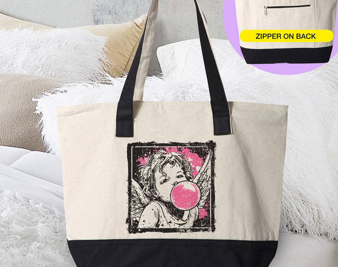 "Cupid Bubblegum Stamp" design on a natural canvas zippered tote bag
