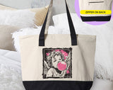 "Cupid Bubblegum Stamp" design on a natural canvas zippered tote bag