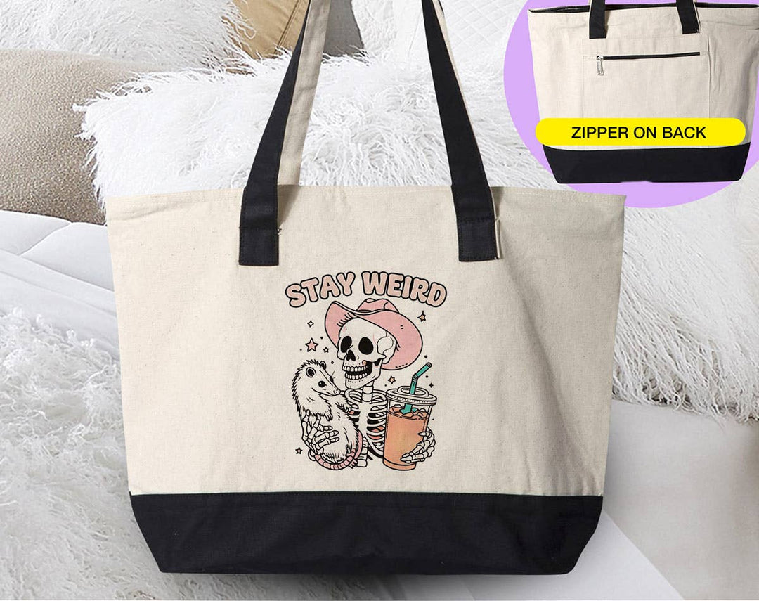 "Stay Weird" design on a natural canvas zippered tote bag