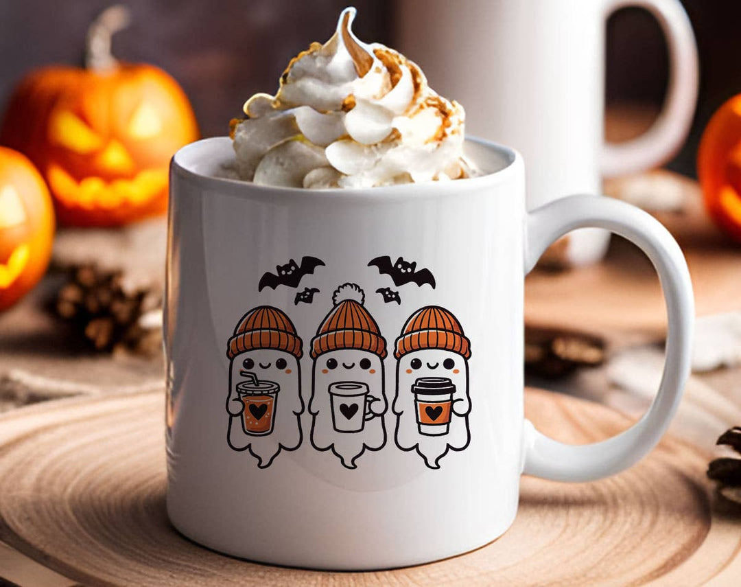 "Three Cute Ghosts Drinking Coffee" Halloween design on a white coffee mug