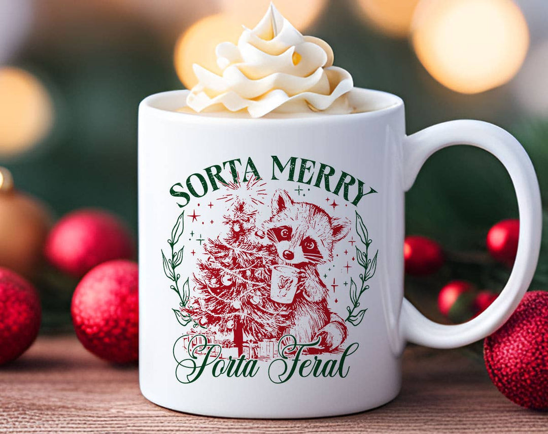 "Sorta Merry Sorta Feral" Christmas design on a white coffee mug