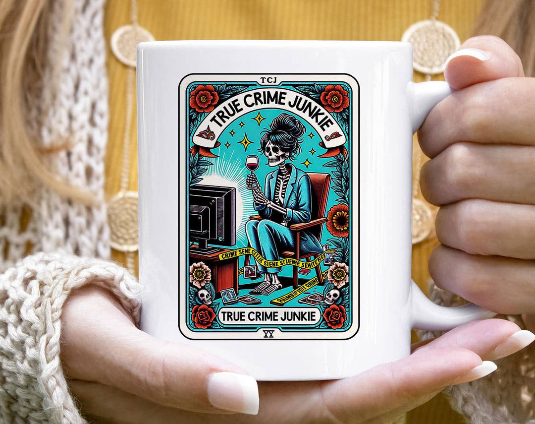 "True Crime Junky" design on a white ceramic coffee mug