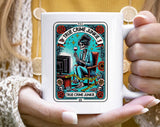 "True Crime Junky" design on a white ceramic coffee mug