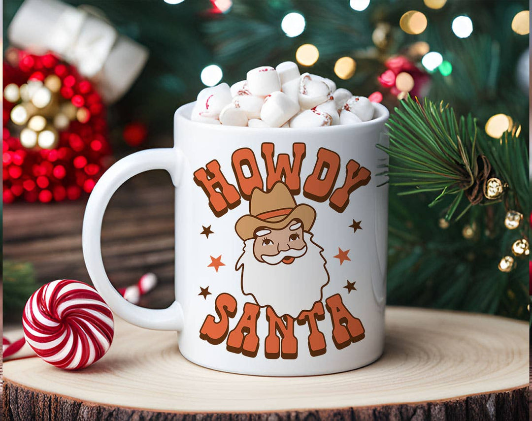 "Howdy Santa" Christmas design on a white coffee mug