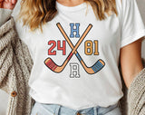 "Heated Rivalry 24 81 Hockey" design on a white unisex t-shirt