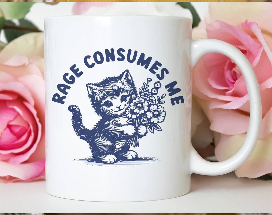 "Rage Consumes Me Kitten" design on a white ceramic coffee mug