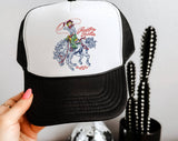 "Rootin Tootin Cowgirl" design on a mesh-back snapback trucker hat