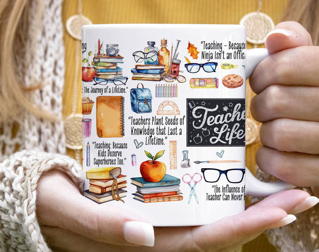 "Teacher Life Quotes" design on a white ceramic coffee mug