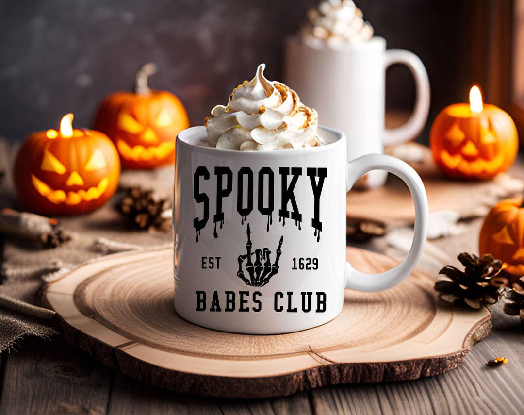 "Spooky Babes Club" Halloween design on a white coffee mug