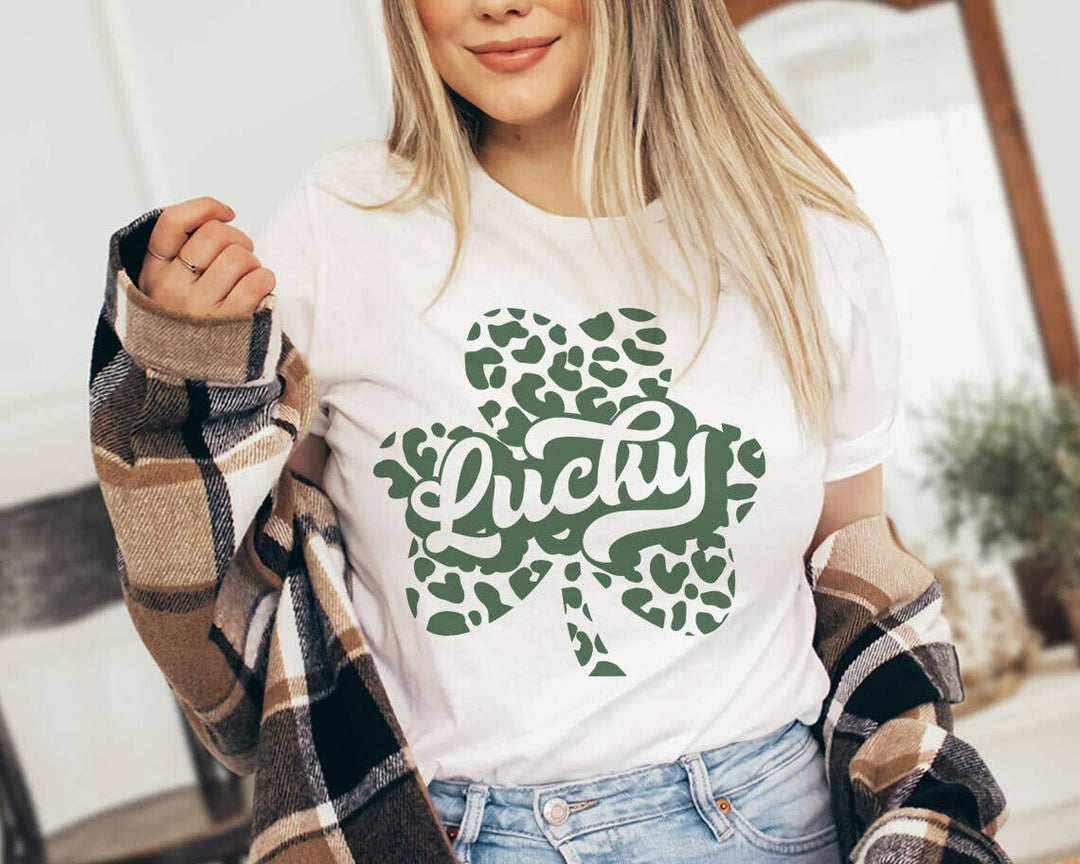 "Lucky Leopard Clover" design on a white unisex t-shirt
