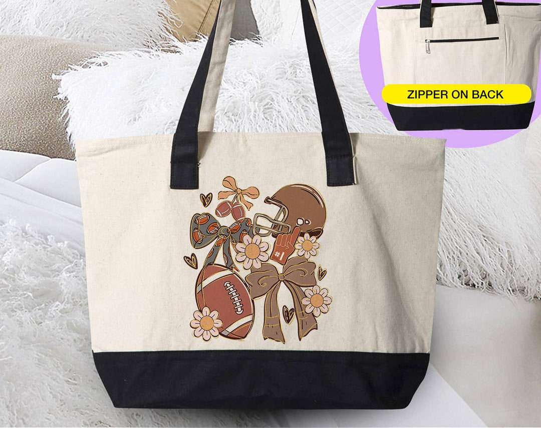 "Football Coquette Preppy Gameday Mama" design on a natural canvas zippered tote bag