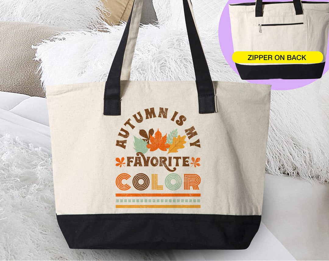 "Autumn Is My Favorite Color" design on a natural canvas zippered tote bag
