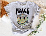 "Peace Summer Flower Smiley" design on a heather gray unisex t-shirt