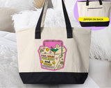 "Feel Your Feelings And Order Takeout" design on a natural canvas zippered tote bag