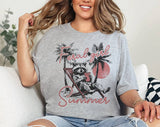 "Feral Girl Summer Raccoon Palm Tree" design on a heather gray unisex t-shirt