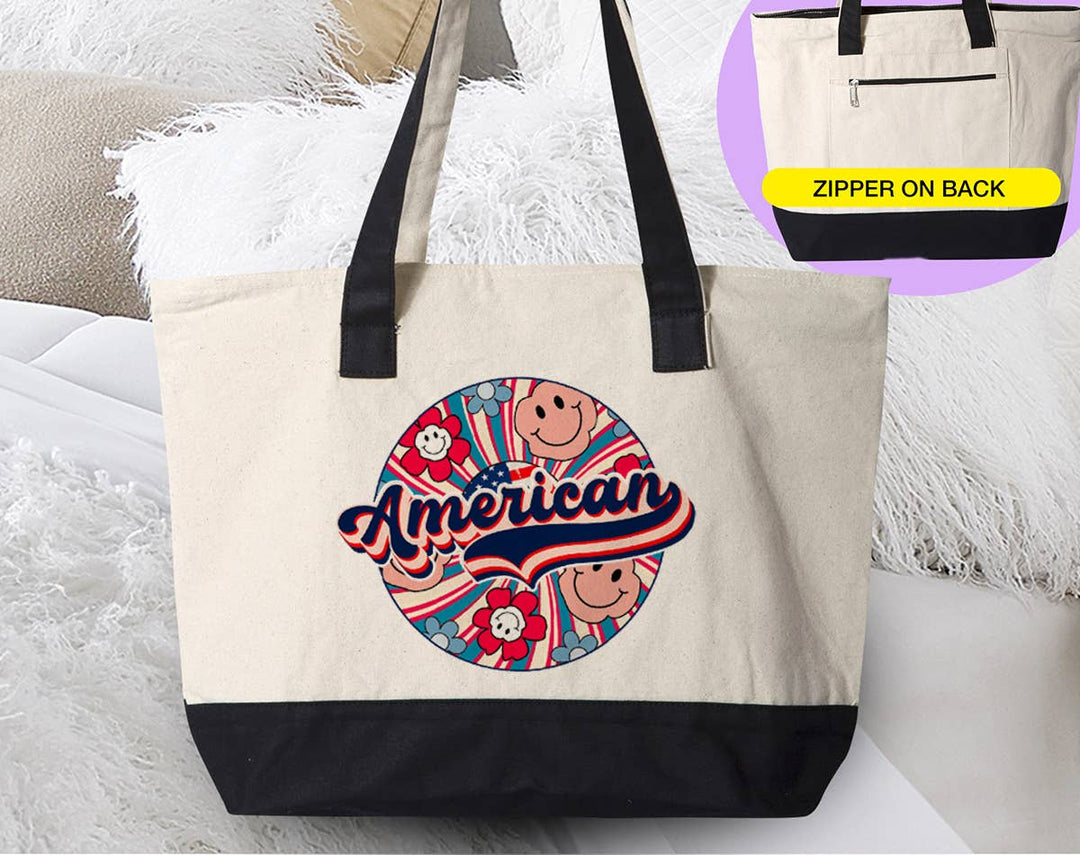 "4th of July American Swirl Flower" design on a natural canvas zippered tote bag