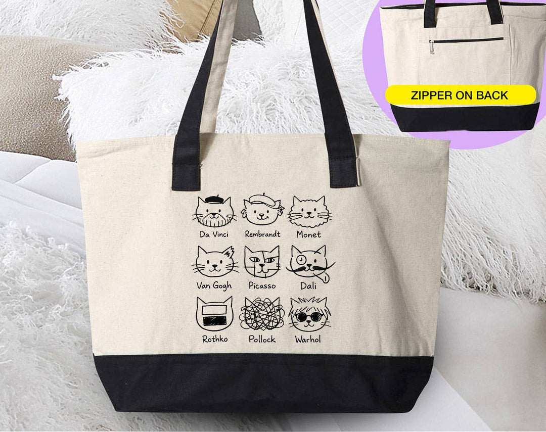 "Artistic Cat Painters Warhol Da Vinci Dali" design on a natural canvas zippered tote bag