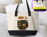 "Gen-X Starter Pack 80s & 90s" design on a natural canvas zippered tote bag