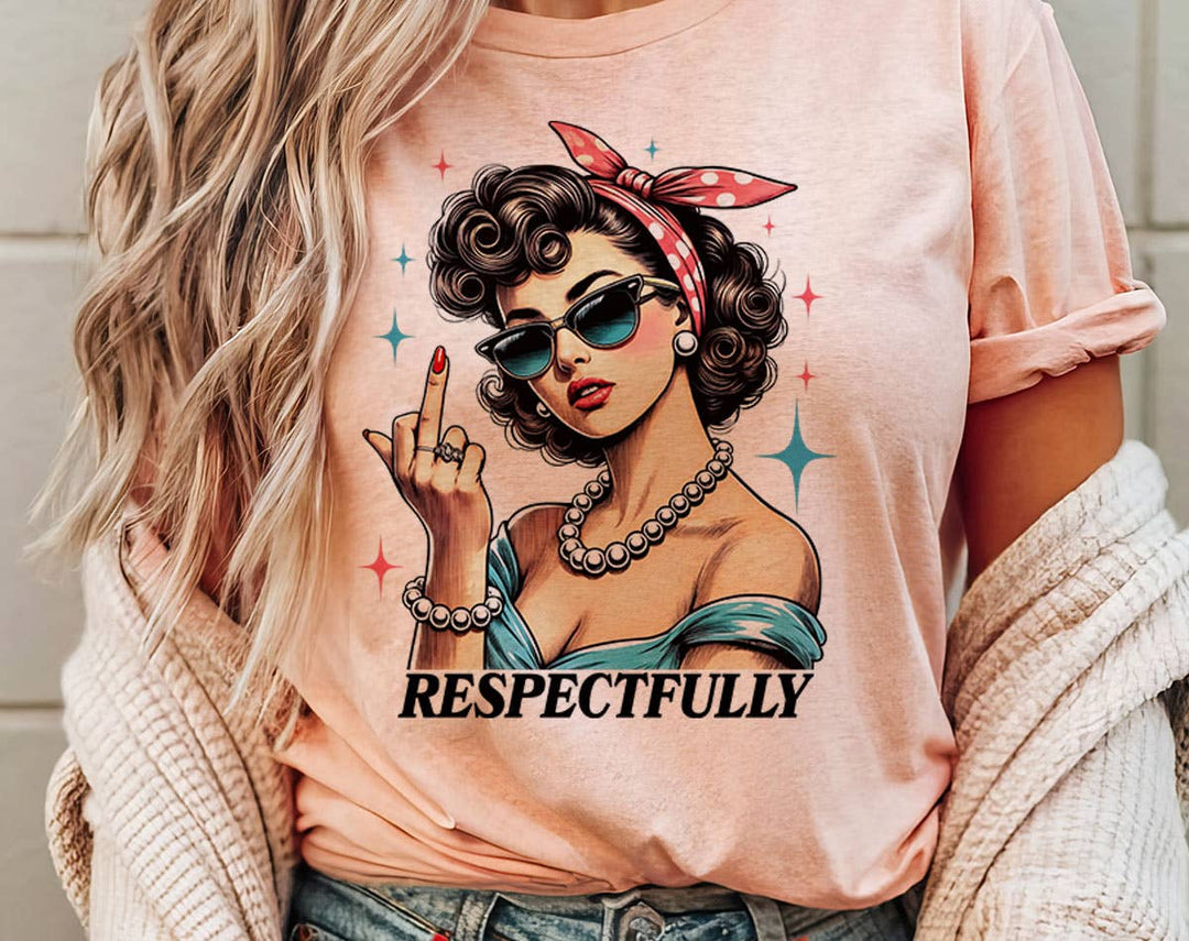 "Respectfully Retro Lady Middle Finger" design on a peach unisex t-shirt