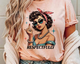"Respectfully Retro Lady Middle Finger" design on a peach unisex t-shirt