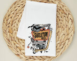 "The Skeleton Motel" design on a white 28 x 28 inch flour sack tea towel
