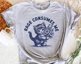 "Rage Consumes Me Kitten" design on a heather gray unisex t-shirt