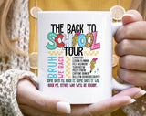 "The Back To School Tour" design on a white ceramic coffee mug