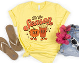"Tis The Season Pumpkin Spice Latte" design on a pale yellow unisex t-shirt