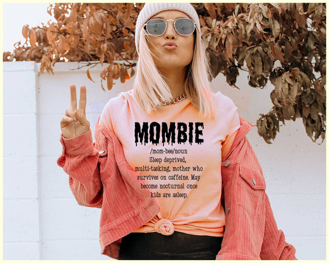 "Mombie Zombie" design on a peach unisex t-shirt