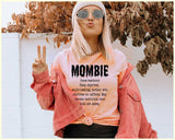 "Mombie Zombie" design on a peach unisex t-shirt
