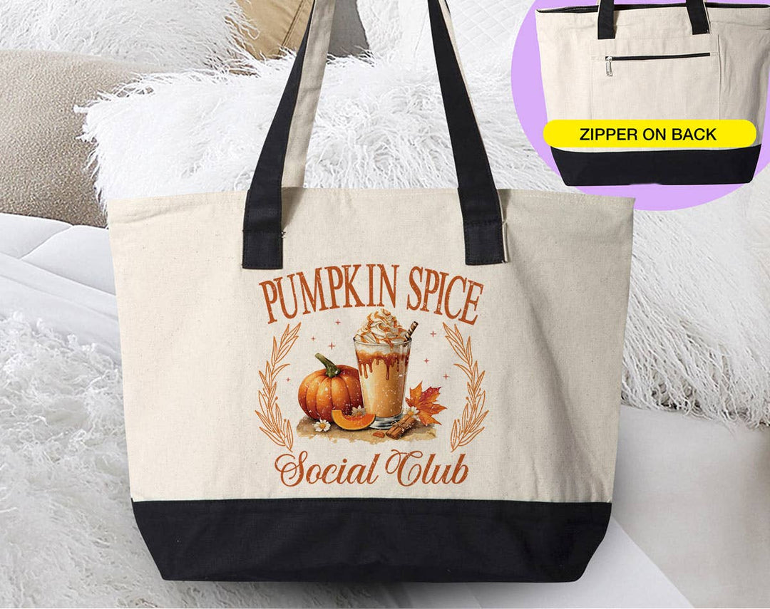 "Pumpkin Spice Social Club" design on a natural canvas zippered tote bag