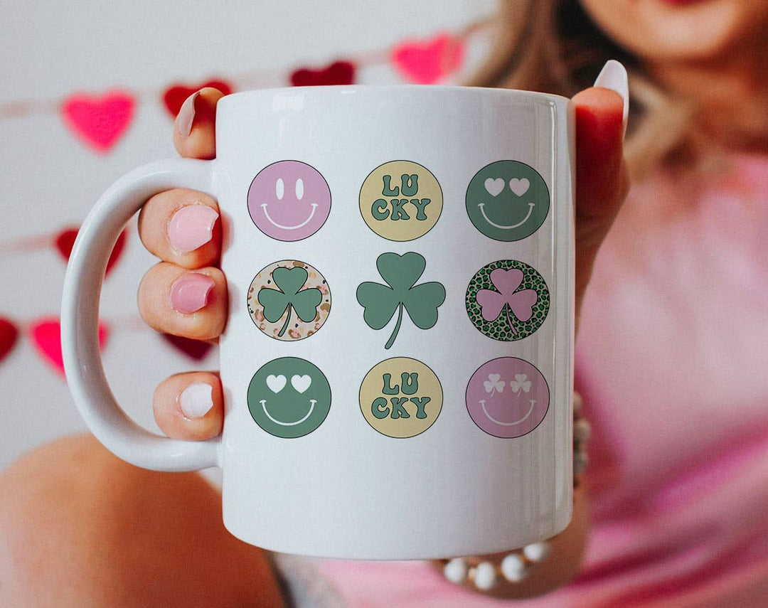 "Retro St Patrick's Day" design on a white ceramic coffee mug