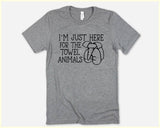 "I'm Just Here For The Towel Animals" design on a heather gray unisex t-shirt