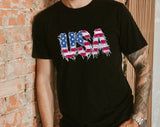 "USA Faux Patchwork American Flag" design on a black unisex t-shirt