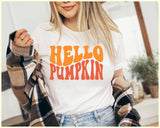 "Hello Pumpkin" design on a white unisex t-shirt